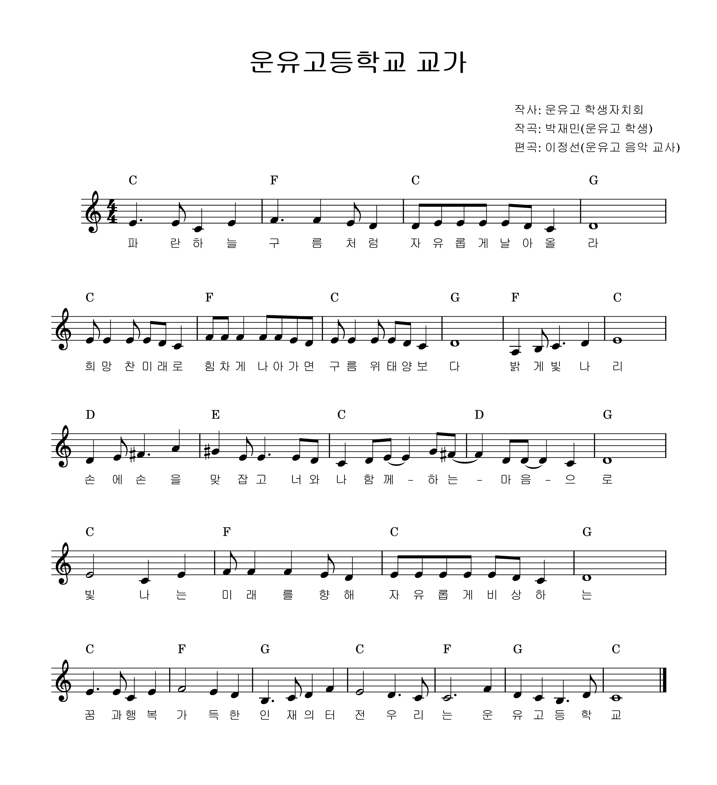 파란 하늘 구름처럼
자유롭게 날아올라
희망찬 미래로
힘차게 나아가면
구름 위 태양보다
밝게 빛나리
손에 손을 맞잡고
너와 나 함께하는 마음으로
빛나는 미래를 향해
자유롭게 비상하는
꿈과 행복 가득한
인재의 터전
우리는 운유고등학교